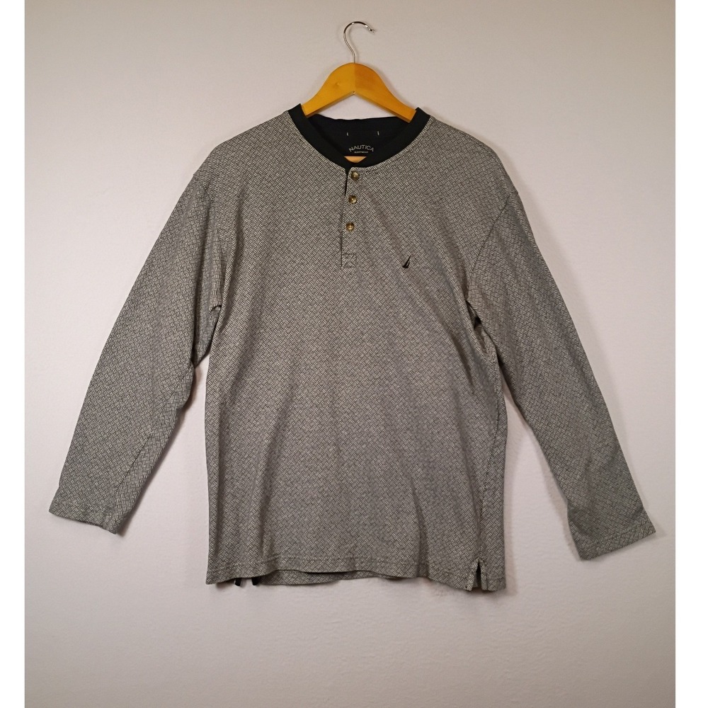 Classic Preppy Nautica Mens Medium Grey Geometric Long Sleeve Henley Sleep Shirt
